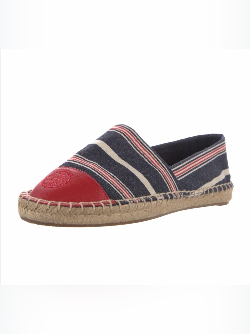 Tory Burch Red Blue White Stripe Cap Toe Colorblock Leather Espadrilles Size: 9